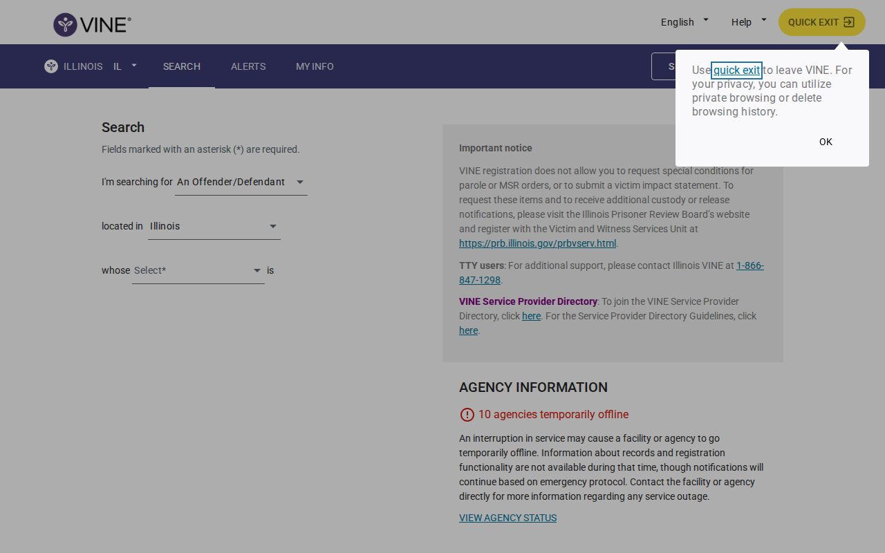 Illinois VINELink custody status and notification search